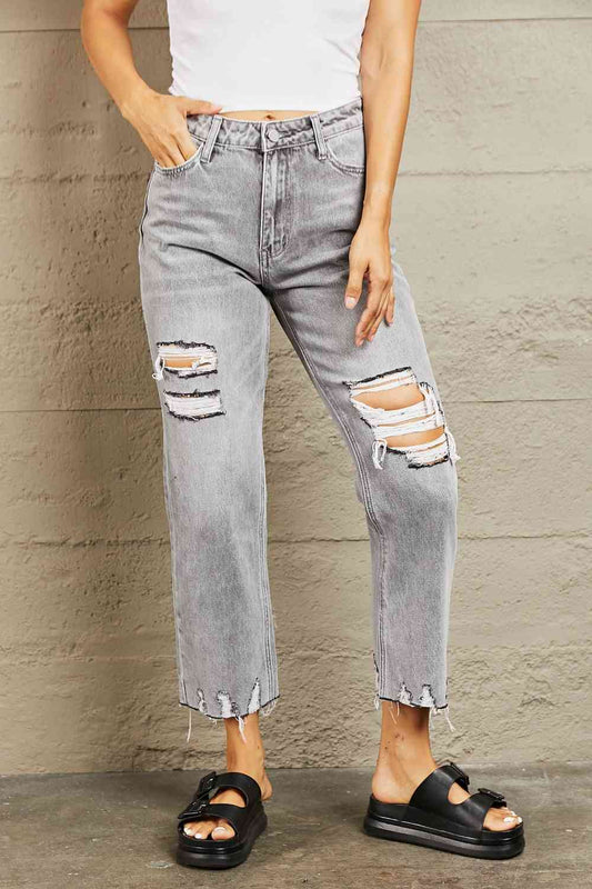High Waisted Cropped Mom Jeans - Kawaii Stop - BAYEAS, Chic Style, Comfortable Jeans, Cropped Length, Distressed Details, Edgy Look, Fashionable, Grey Wash Denim, Heels and Blouse, High Waisted Jeans, Mom Fit, Ship from USA, Sneakers and Tee, Stylish Outfit, Versatile Jeans, Women's Fashion