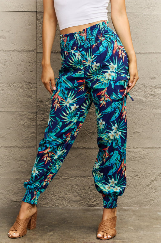 Smocked Plant Print Long Pants - Kawaii Stop - Capris, Casual, Comfortable, Everyday Fashion, Fashion, Hundredth, Imported, Long Pants, Nature-Inspired, Pants, Plant Print, Polyester, Ship From Overseas, Smocked Waistband, Statement Piece, Style, Versatile, Wardrobe Essential, Women's Clothing