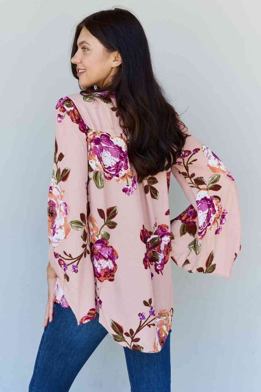 Full Size Floral Bell Sleeve Crepe Top - Kawaii Stop - Bell Sleeve Blouse, Chic Fashion, Elegant Design, Floral Crepe Top, Free-Spirited Fashion, Los Angeles Fashion, Nature-Inspired, ODDI, Oddi Clothing, Ship from USA, Sophisticated V-Neck, Stylish Gathered Hem, Versatile Top, Vintage Vibes, Women's Apparel