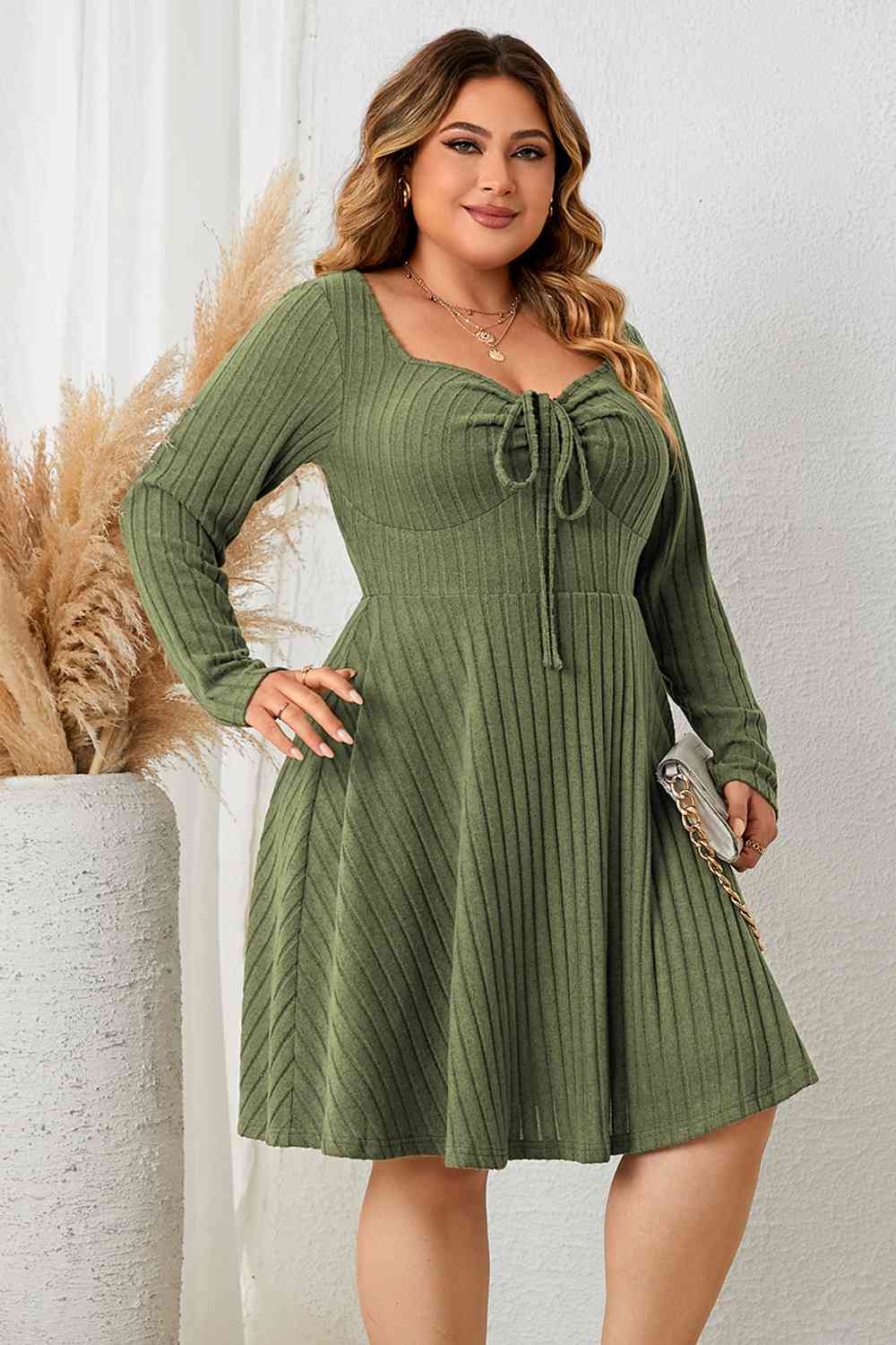 Plus Size Sweetheart Neck Long Sleeve Ribbed Dress - Kawaii Stop - Dress Up for Any Occasion, Effortless Elegance, Elegant Attire, Fashion Forward, Graceful and Stylish, HS, Must-Have Dress, Plus Size Fashion, Ribbed Dress, Ship From Overseas, Sophisticated Outfit, Sweetheart Neckline
