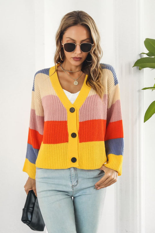 Color Block Button-Down Dropped Shoulder Cardigan - Kawaii Stop - B&S, Cardigan, Cardigans, Casual Style, Cozy Fashion., Ribbed Texture, Ship From Overseas, Shipping Delay 09/29/2023 - 10/01/2023, Striped Pattern, V-neck, Vibrant Colors, Women's Clothing