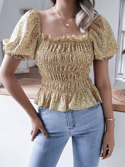 Frill Smocked Square Neck Short Sleeve Blouse - Kawaii Stop - B.J.S, Charming, Feminine Style, Frill Detail, Polyester, Ship From Overseas, Shipping delay February 6 - February 17, Short Sleeve Blouse, Size Inclusivity, Smocked Neck, Versatile Piece, Women's Fashion