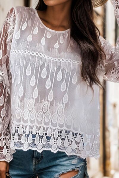 Round Neck Flounce Sleeve Lace Blouse - Kawaii Stop - Alluring Charm, Delicate Jewelry, Easy Care, Elegant Lace Blouse, Fashion Forward, Lined Body, Luxurious Polyester, Semi-Sheer Fabric, Ship From Overseas, Shipping delay February 8 - February 16, Sophisticated Look, Stylish Elegance, SYNZ