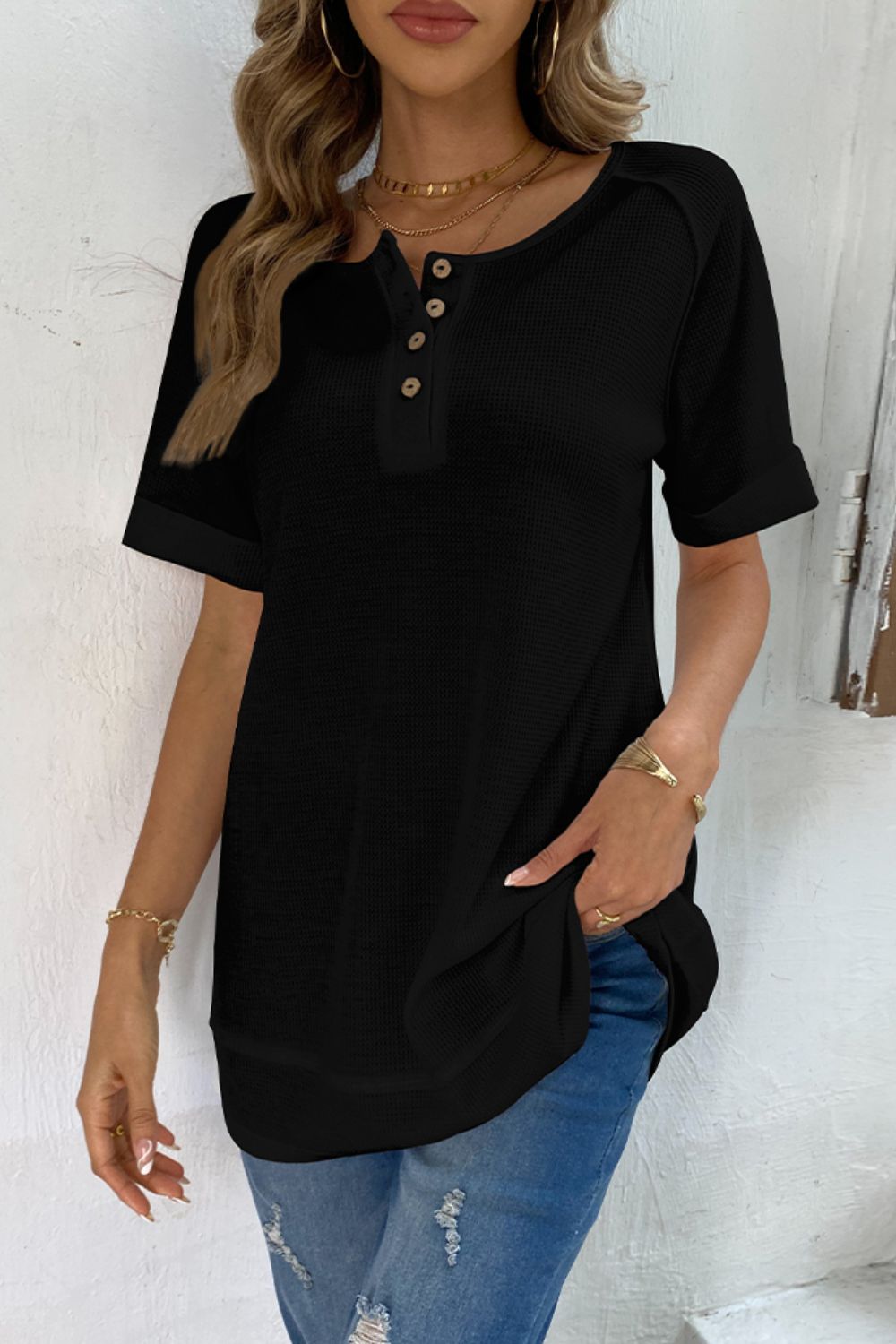 Cuffed Sleeve Henley Top - Kawaii Stop - Buttoned Henley, Casual Top, Easy Maintenance, Fashionable Top, High-Quality Material, Long Length, Romantichut, Ship From Overseas, Shipping Delay 09/29/2023 - 10/04/2023, Slightly Stretchy, Solid Color, Stylish Raglan Sleeves, T-Shirt, T-Shirts, Tee, Trendy Fashion, Versatile Design, Women's Clothing, Women's Top