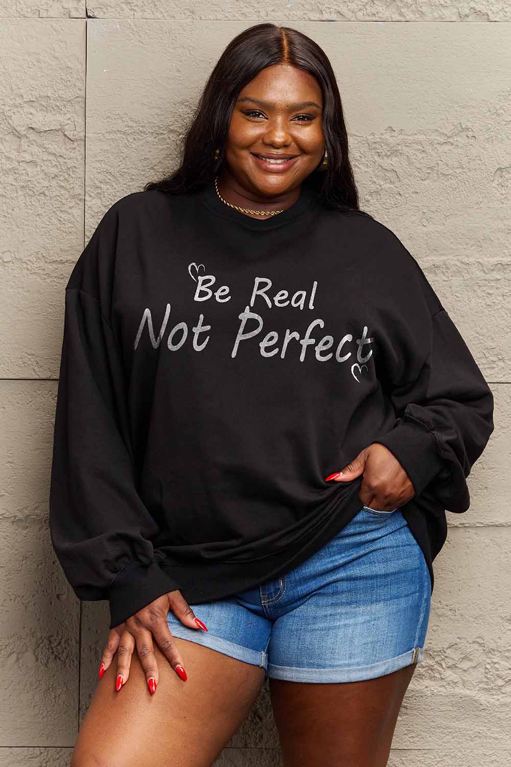 BE REAL NOT PERFECT Graphic Sweatshirt - Kawaii Stop - Authenticity, Casual Style, Cozy Comfort, Dropped Shoulders, Embrace Imperfections, Everyday Fashion, Express Your Message, Graphic Sweatshirt, Hoodies, Long Length, Ship From Overseas, Shipping Delay 09/29/2023 - 10/04/2023, Simply Love, Softness and Slight Stretch, Sweatshirts, Women's Apparel, Women's Clothing, Women's Clothing &amp; Accessories