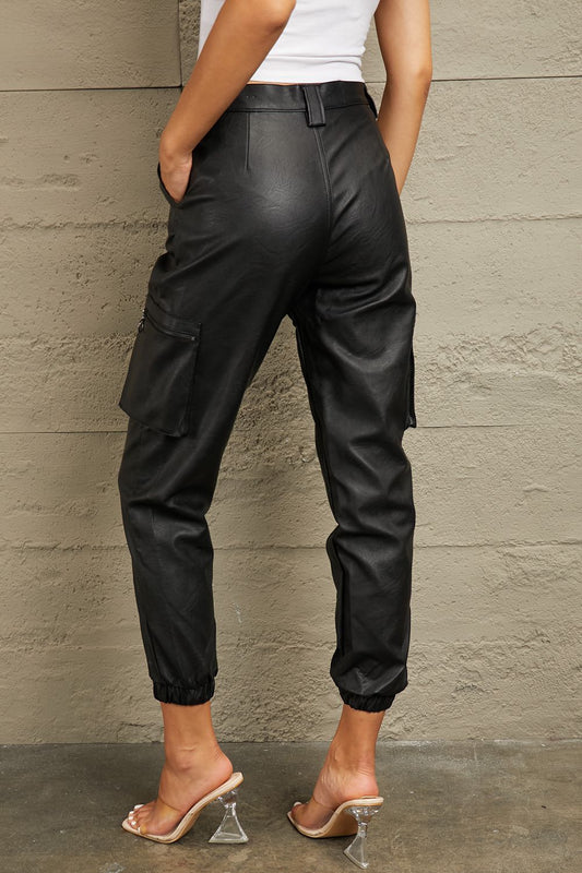High Rise Leather Joggers - Kawaii Stop - Black Friday, Bottoms, Capris, Chic Style, Comfortable Fit, Cropped Length, Edgy Fashion, High Rise Leather Joggers, Kancan, Luxurious Leather, Pants, Pocketed Design, Ship from USA, Versatile Wardrobe Essential, Women's Clothing