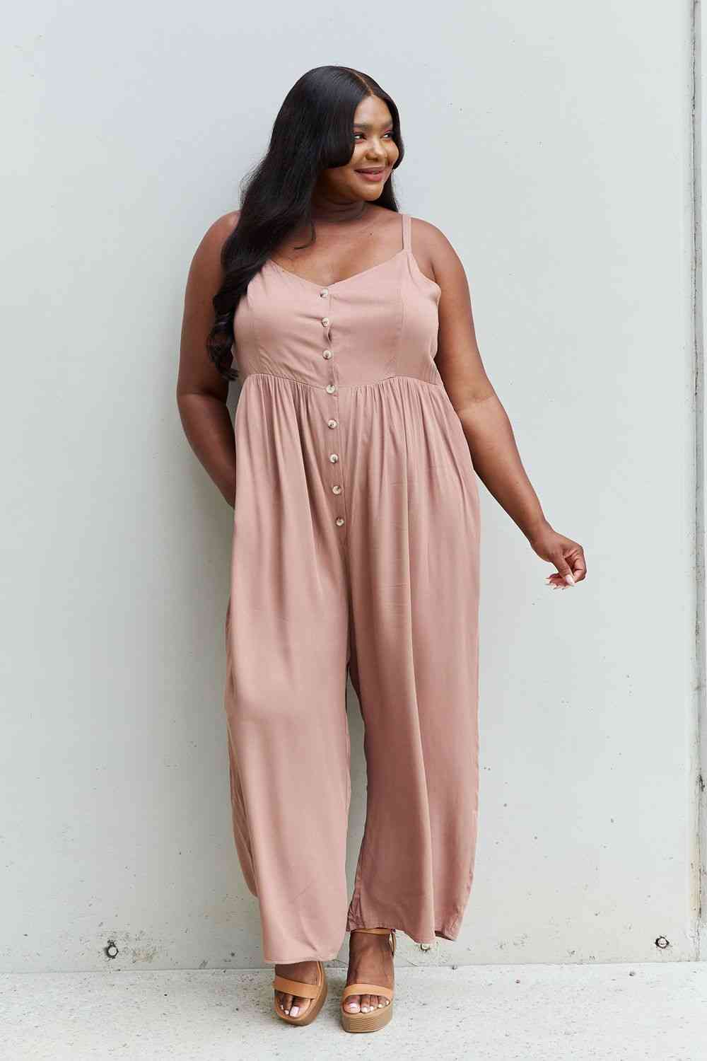 All Day Full Size Wide Leg Button Down Jumpsuit in Mocha