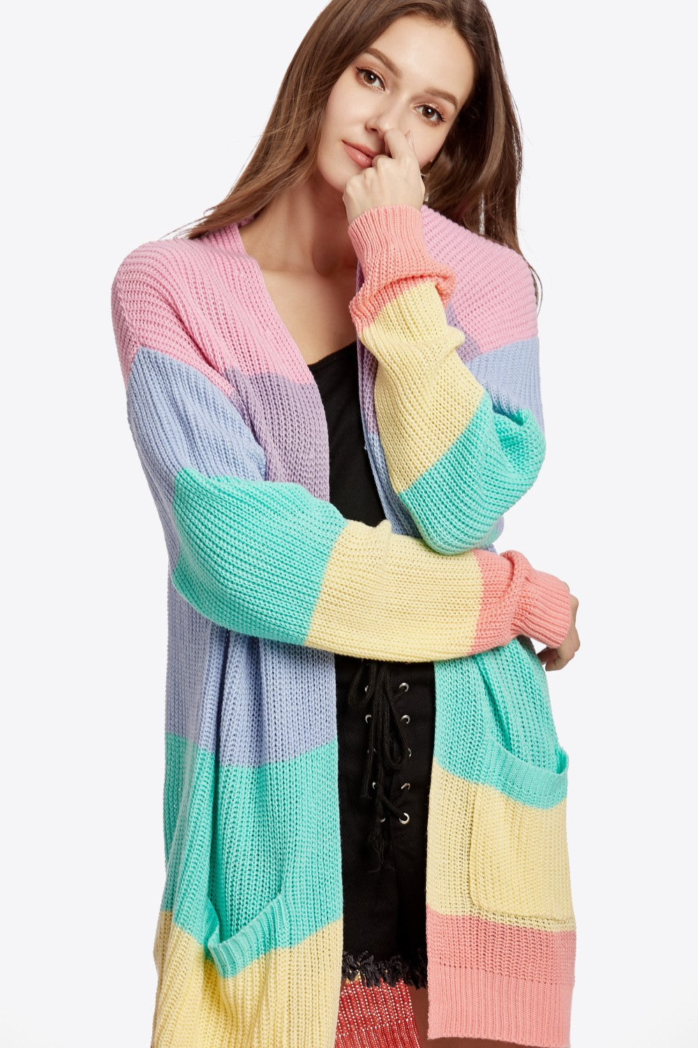 Color Block Open Front Drop Shoulder Cardigan with Pockets - Kawaii Stop - Kawaii Shop
