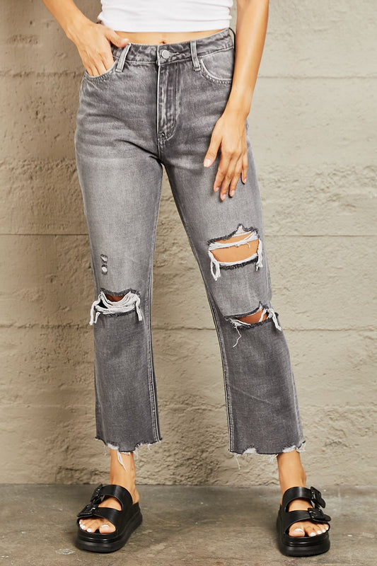 Mid Rise Distressed Cropped Dad Jeans - Kawaii Stop - BAYEAS, Chic, Comfortable, Cropped Length, Dad Jeans, Distressed, Fashion, Grey Wash, High-Quality, Jeans, Machine Washable, Mid Rise, Must-Have., Ship from USA, Stylish, Urban Attitude, Versatile, Women's Fashion