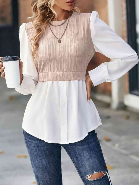 Contrast Round Neck Puff Sleeve Blouse - Kawaii Stop - A@X@E, Blouses, Ship From Overseas