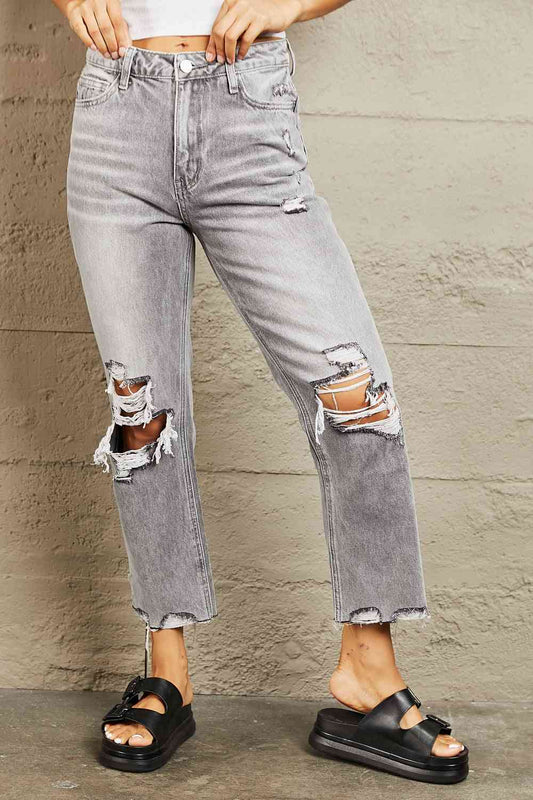 High Waisted Cropped Straight Jeans - Kawaii Stop - Ankle Boots, BAYEAS, Chic Style, Comfortable Jeans, Cropped Length, Distressed Details, Edgy Look, Fashionable, High Waisted Jeans, Premium Denim, Ship from USA, Straight Fit, Stylish Outfit, Versatile Jeans, Women's Fashion