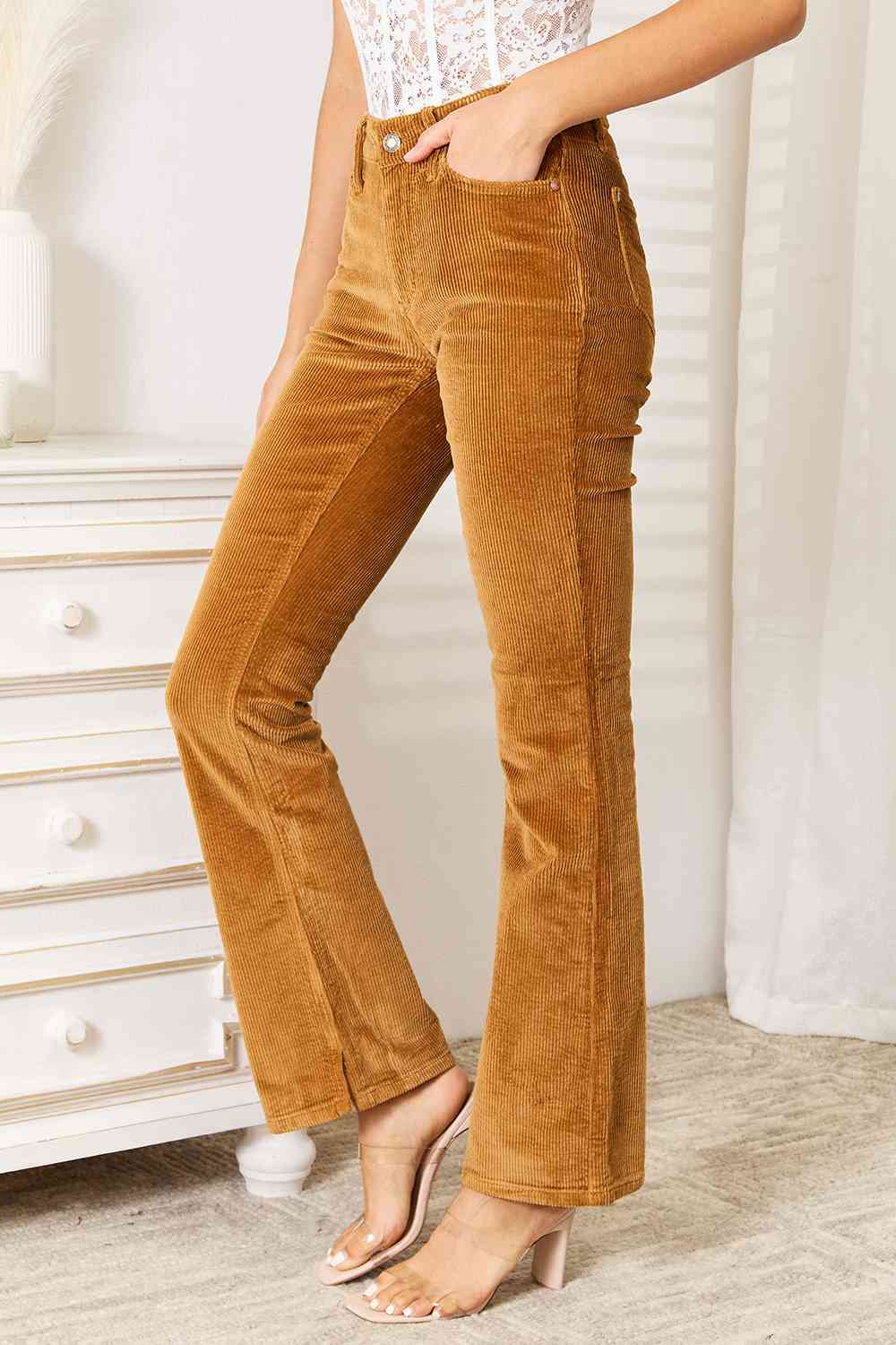 Mid Rise Corduroy Pants - Kawaii Stop - Camel Color, Casual, Classic Bootcut, Comfortable Fit, Corduroy Pants, Cotton Blend, Judy Blue, Machine Wash, Mid Rise, Opaque Material, Pants, Semi-Formal, Ship from USA, Stylish, Timeless Elegance, Tumble Dry, Versatile
