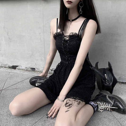 Black Lace Gothic Dress - Kawaii Stop - A-Line, All Dresses, Backless, Black, Dress, Dresses, Elegant, Gothic, Harajuku, Lace, Retro, Sexy, Spaghetti Strap, Streetwear, Summer, Women's Clothing &amp; Accessories