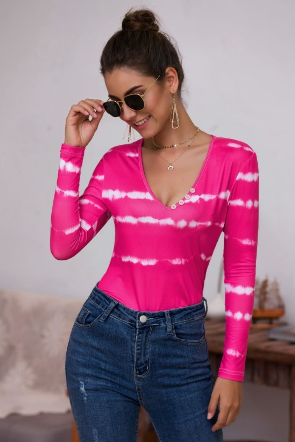 Tie-Dye Plunge Long Sleeve Top - Kawaii Stop - Casual Style, Imported Fashion, Long Sleeve Top, Ship From Overseas, Soft Polyester, T-Shirt, T-Shirts, Tee, Tie-Dye Pattern, Trendy and Comfortable, V-Neck, Women's Clothing, Women's Top, YO