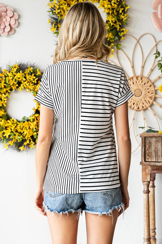 Striped Round Neck Short Sleeve Tee - Kawaii Stop - Casual Chic, Comfortable, Easy Care, Fashion, Imported, Pockets, Regular Fit, Round Neck, Ship From Overseas, Short Sleeves, Striped Tee, SYNZ, T-Shirt, T-Shirts, Tee, Versatile, Wardrobe Essential, Women's Clothing, Women's Top