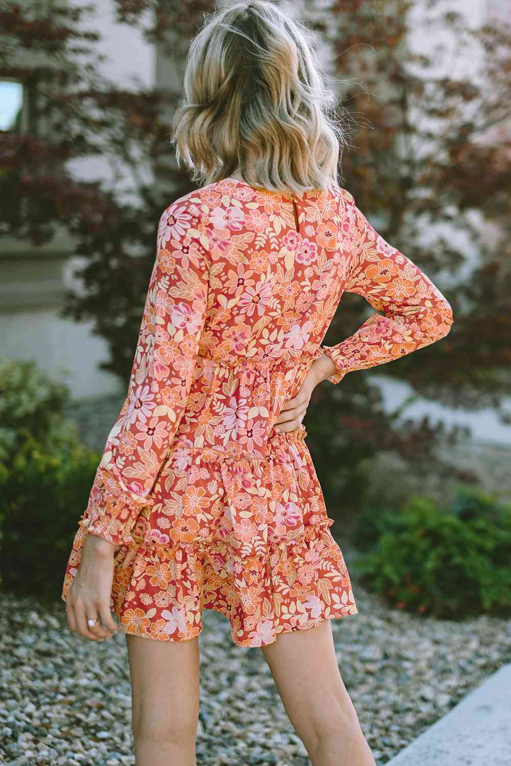 Floral Print Round Neck Long Sleeve Tiered Dress
