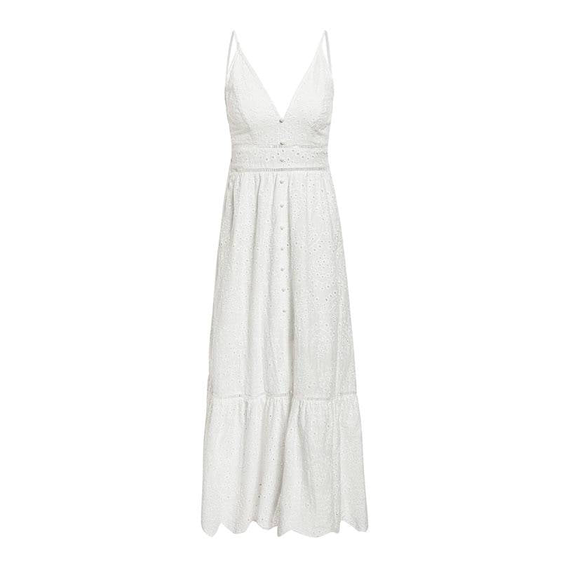 White Summer Dress - Kawaii Stop - All Dresses, Ankle-length, Club, Cotton, Dresses, Embroidery, Empire, Sexy, Sheath, Sleeveless, Spaghetti Strap, Summer, Summer Dress, V-Neck, White, Women's Clothing &amp; Accessories