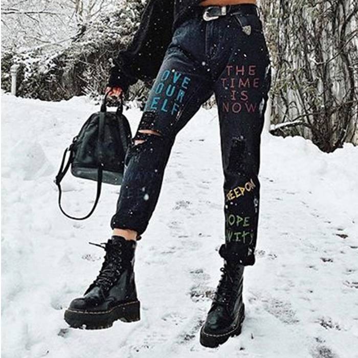 Denim Graffiti Jeans - Kawaii Stop - Acrylic, Ankle-length, Bottoms, Button Fly, Cotton, Fashion, Graffiti, Harajuku, High Waist, Jeans, Korean, Polyester, Printed, Skinny, Women's Clothing &amp; Accessories
