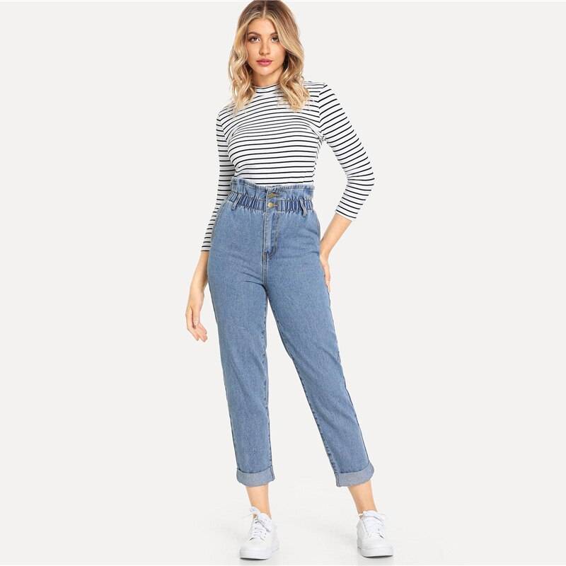 Women's High Waist Rolled Jeans - Kawaii Stop - Bottoms, Casual Fashion, Chic Style, Crop Length, Denim Material, Effortless Elegance, Elastic High Waist, Everyday Fashion, High, Jeans, Kawaii, Rolled, Sleek and Fashionable, Trendy Look, Versatile Styling, Waist, Women's Clothing &amp; Accessories, Women's High Waist Rolled Jeans