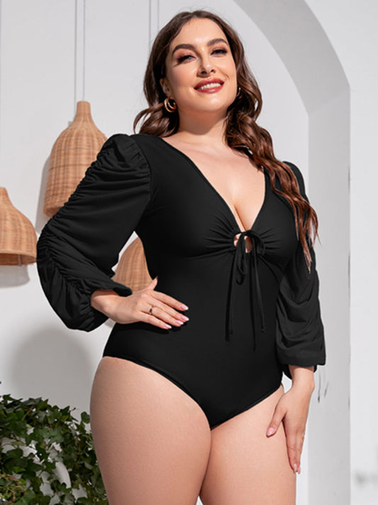 Plus Size Tied Deep V Balloon Sleeve One-Piece Swimsuit - Kawaii Stop - 12% Spandex, 88% Polyester, Beach Fashion, Beachwear, Deep V Neckline, Easy Care, Machine Wash, One Piece Swimsuit, One Piece Swimsuits, Plus Size, Poolside Glamour, Roman, Ship From Overseas, Solid Color, Stylish, Swimwear, Tie Detail, Tumble Dry