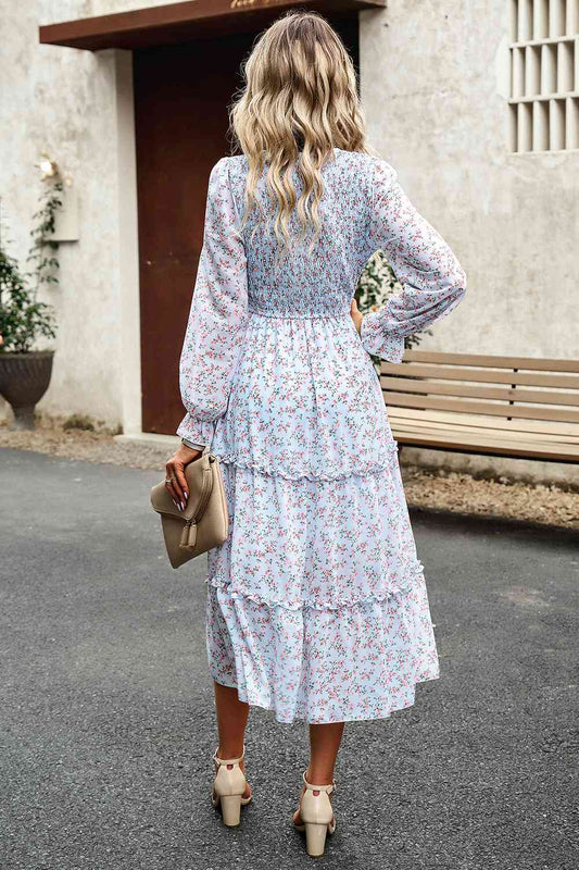 Smocked Flounce Sleeve Midi Dress - Kawaii Stop - Delicate Jewelry, DY, Fashion, Feminine Charm, Flounce Sleeve Dress, Heels, Midi Dress, Romantic Style, Ship From Overseas, Slightly Stretchy, Smocked, Special Occasion, Women's Clothing