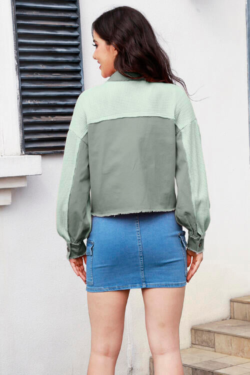 Button Up Raw Hem Long Sleeve Jacket - Kawaii Stop - Button Up Jacket, C&Y, Chic Style, Comfortable Jacket, Easy Care, Fashion Statement, Fashionable Jacket, Functional Pockets, Jackets, Long Sleeve Jacket, Raw Hem Jacket, Rayon Jacket, Relaxed Fit, Ship From Overseas, Stylish Outerwear, Trendy Fashion, Unique Design, Versatile Jacket