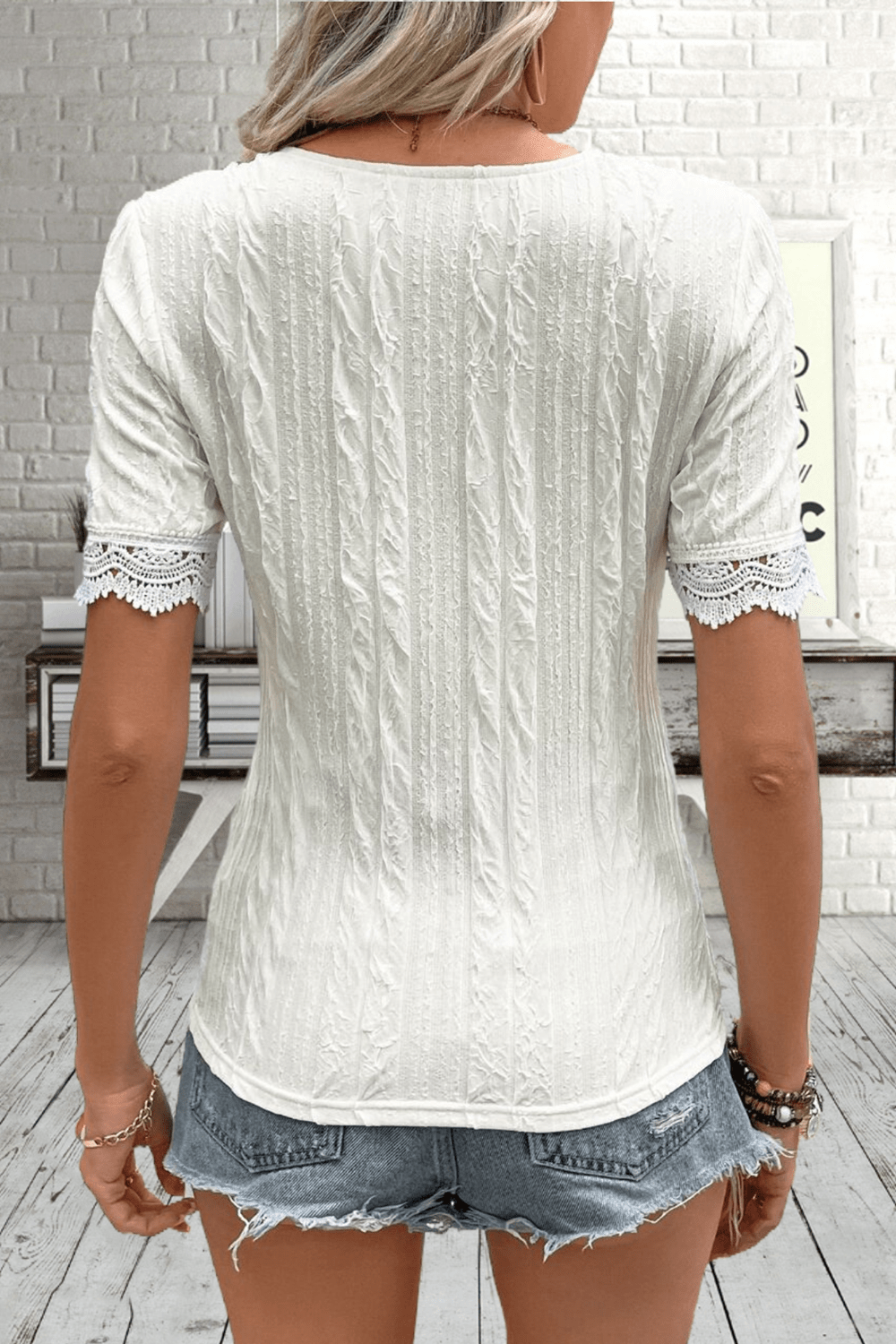 Buttoned V-Neck Lace Trim T-Shirt - Kawaii Stop - Chic V-Neck T-Shirt, Cropped Length, Decorative Buttons, J&Y, Lace Trim, Ship From Overseas, Shipping Delay 09/29/2023 - 10/03/2023, Stylish Solid Pattern, T-Shirt, T-Shirts, Tee, Women's Clothing, Women's Fashion, Women's Top