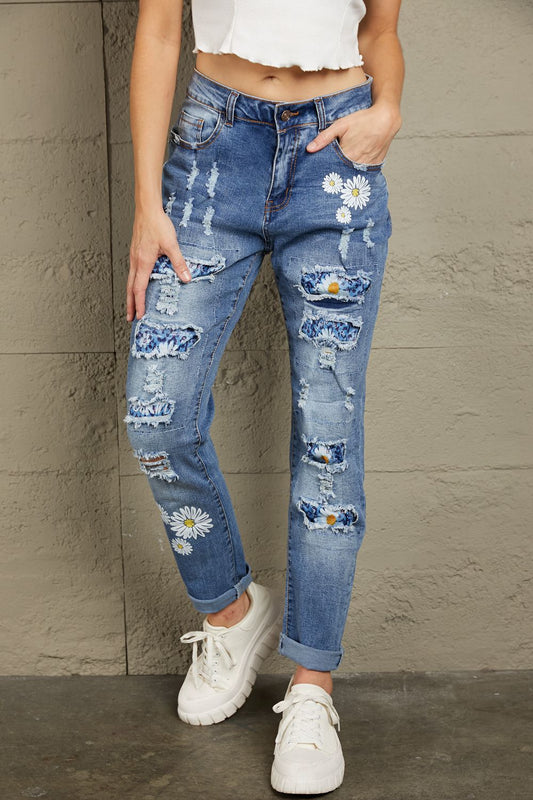 Printed Patch Distressed Boyfriend Jeans - Kawaii Stop - Baeful, Boyfriend Jeans, Casual Chic, Comfortable Fit, Confidence Boost, Cotton Blend, Distressed Style, Fashion Tips, Jeans, Jeans for Women, Machine Washable, Printed Patch Jeans, Relaxed Look, Ship From Overseas, Slightly Stretchy Jeans, Solid and Printed Patches, Statement Piece, Stylish Jeans, Trendy Outfit, Unique Design, Women's Clothing, Women's Fashion