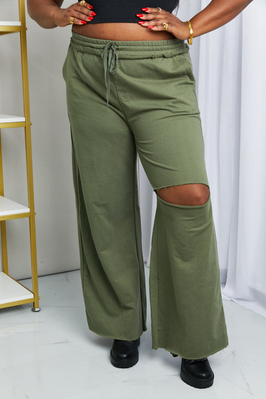 Zenana Full Size Drawstring Waist Distressed Wide Leg Pants in LT Olive - Kawaii Stop - Kawaii Shop