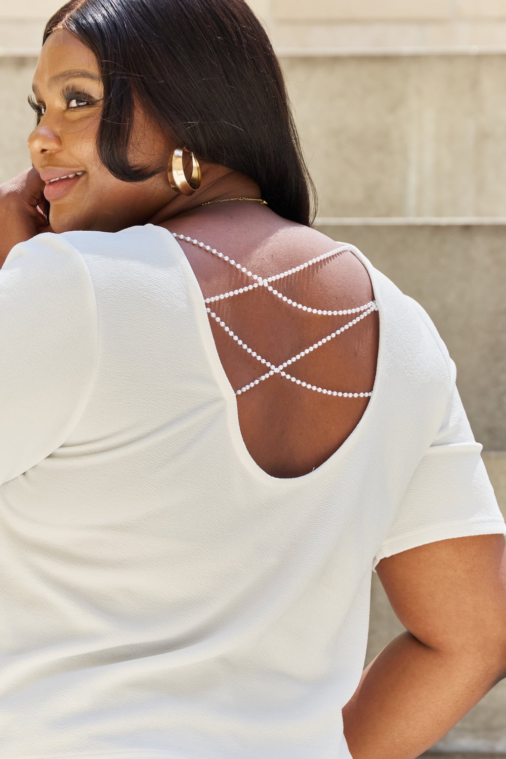 Pearly White Full Size Criss Cross Pearl Detail Open Back T-Shirt - Kawaii Stop - And The Why, Black Friday, Breathable Comfort, Chic Style, Elegant T-Shirt, Luxurious Details, Modern Elegance, Pearl Embellishments, Ship from USA, T-Shirt, T-Shirts, Tee, Trendy Fashion, Women's Clothing, Women's Top