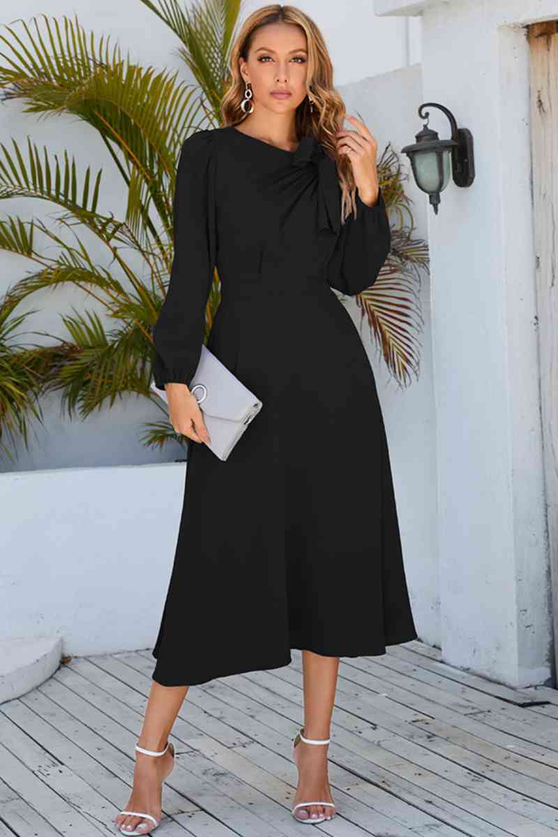 Twisted Long Sleeve Midi Dress - Kawaii Stop - Bow Detail, Confidence, Dress, Easy Care, Elegance, Fashion, H.Y.G@E, Heeled Pumps, Midi Dress, Opaque Sheer, Ship From Overseas, Slightly Stretchy, Statement Earrings, Style, Twisted Dress, Women's Clothing