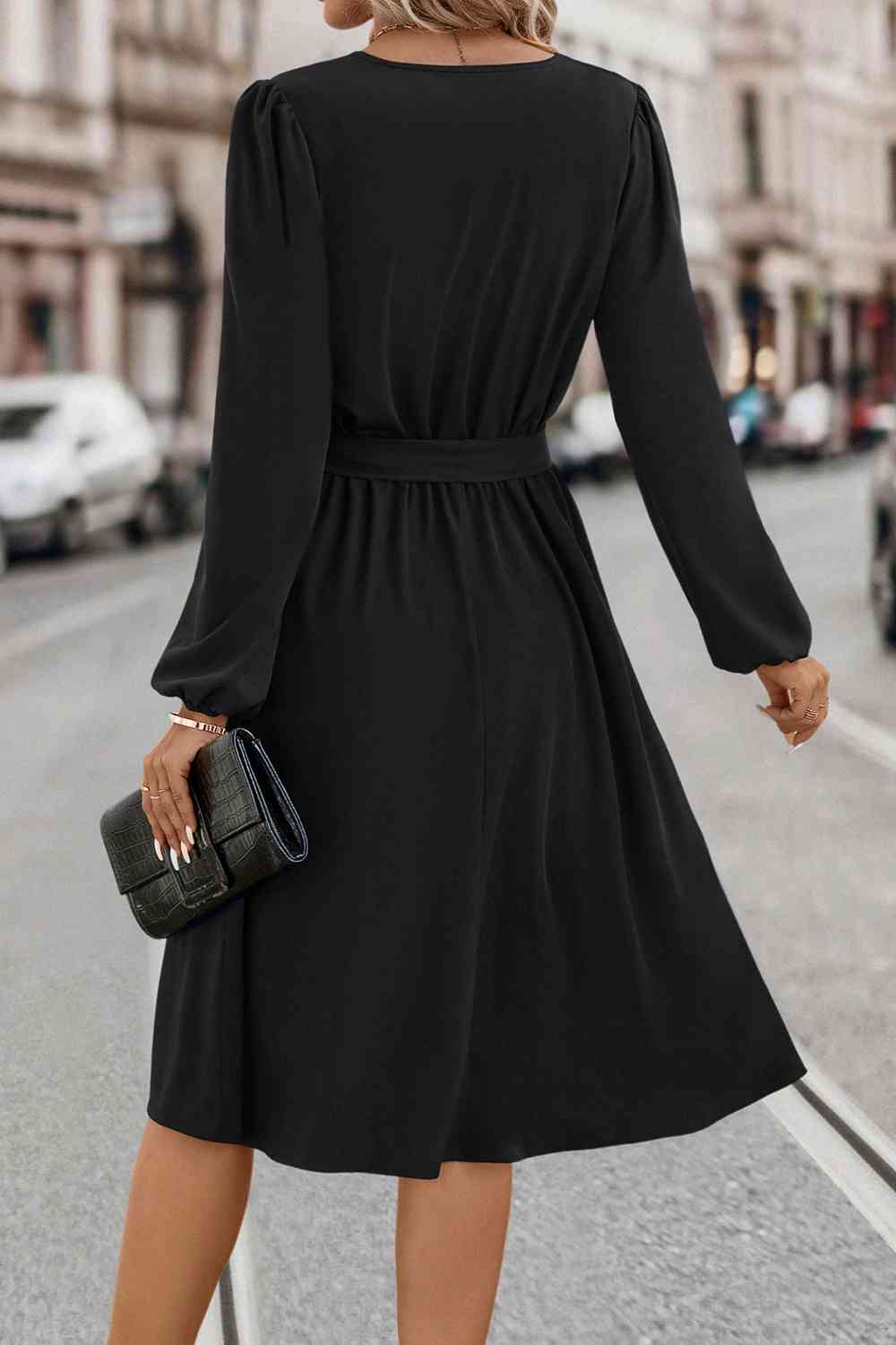 Tie Waist Notched Neck Long Sleeve Dress - Kawaii Stop - Classic, Classic Pumps, Confidence, Dress, Easy Care, Fashion, Long Sleeve Dress, No Stretch, Opaque Sheer, Ship From Overseas, Statement Necklace, Style, Tie Waist Dress, Timeless Fashion, Women's Clothing, YO