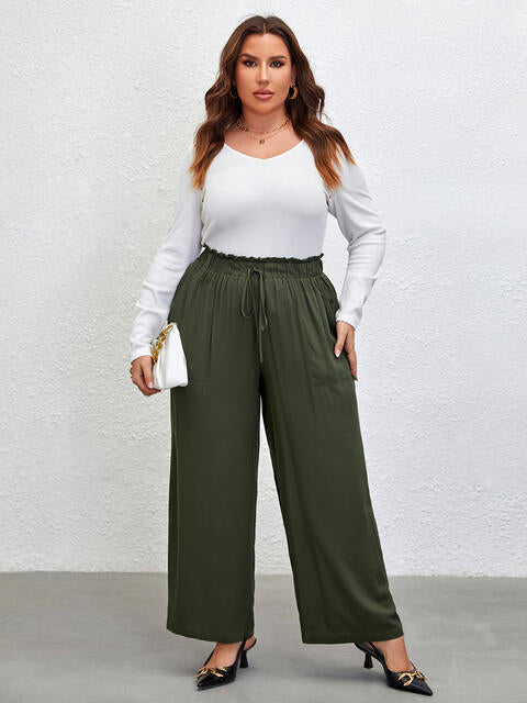 Plus Size Tied Wide Leg Pants - Kawaii Stop - Classic Style, Comfortable Fit, Curve Embracing, Easy Care, Fashionable Look, Opaque, Pants, Plus Size, Polyester, Ship From Overseas, Versatile, Wardrobe Essentials, Wide Leg, Women's Clothing, Z@Q