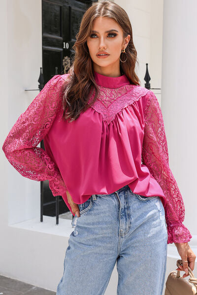 Lace Detail Mock Neck Flounce Sleeve Blouse - Kawaii Stop - Blouse, Classic Style, Elegant, Fashion, Lace Detail, Mock Neck, Opaque Blouse, Romantic, Ship From Overseas, Sophisticated, Special Occasion, SYNZ, Tailored Fit, Women's Clothing