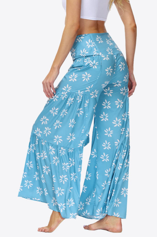 Floral Tie-Waist Tiered Culottes - Kawaii Stop - Breathable Material, Capris, Casual Chic, Easy Maintenance, Imported Fashion, MDML, Pants, Polyester Fabric, Printed Pattern, Ship From Overseas, Shipping Delay 09/29/2023 - 10/02/2023, Stylish Pants, Tie-Waist, Tiered Culottes, Women's Clothing, Women's Fashion