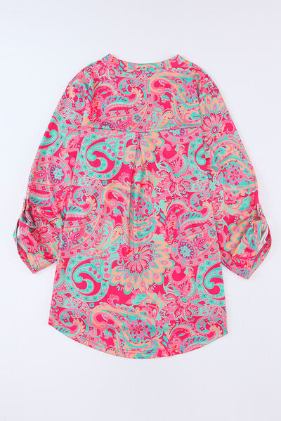 Plus Size Printed Notched Long Sleeve Blouse - Kawaii Stop - Classic Attire, Comfortable Wear, Confidence Booster, Early Spring Collection, Everyday Elegance, Fashion Forward, Long Sleeve Style, Opaque Material, Plus Size Blouse, Plus-Size Fashion, Ship From Overseas, Shipping delay February 8 - February 16, Sophisticated Top, Statement Attire, SYNZ, Timeless Look, Versatile Blouse, Women's Fashion