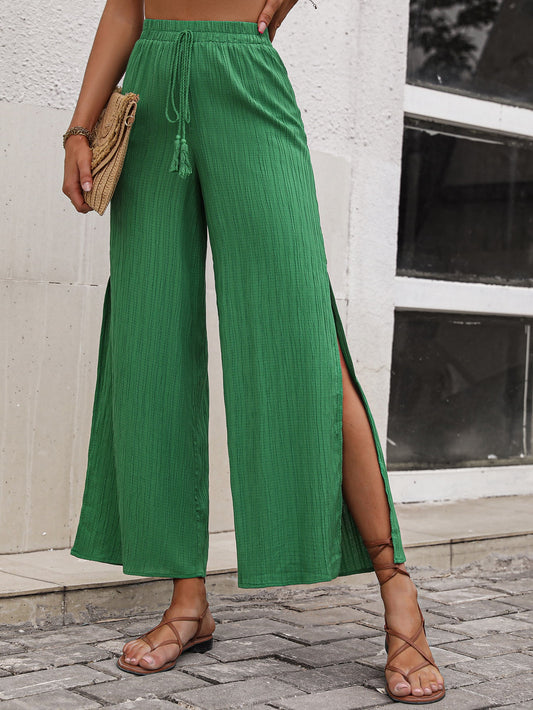 High Waist Slit Wide Leg Pants - Kawaii Stop - Capris, Chic Style, Cropped Length, Fashion Forward, Hanny, High Waist, Must-Have Fashion, Pants, Premium Material, Ship From Overseas, Shipping Delay 09/29/2023 - 10/04/2023, Slit Detail, Solid Pattern, Styling Inspiration, Stylish Bottoms, Trendy Look, Versatile, Wide Leg Pants, Women's Clothing, Women's Fashion