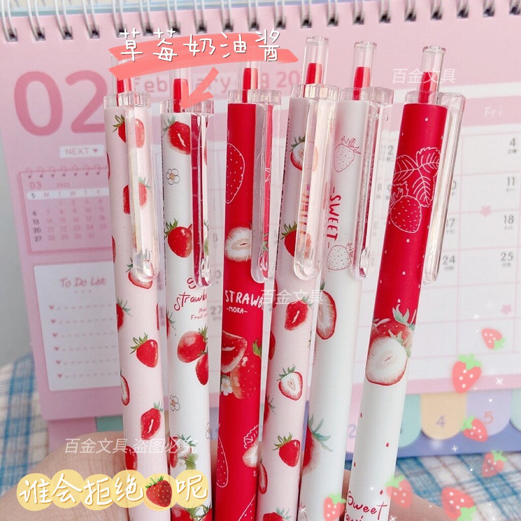 3 Pc Strawberry Gel Pen - Kawaii Stop - 0.5mm, Black, Gel, Gel Pen, Girl, Kawaii, Pen, Pens &amp; Pencils, Press, School, Stationary &amp; More, Strawberry