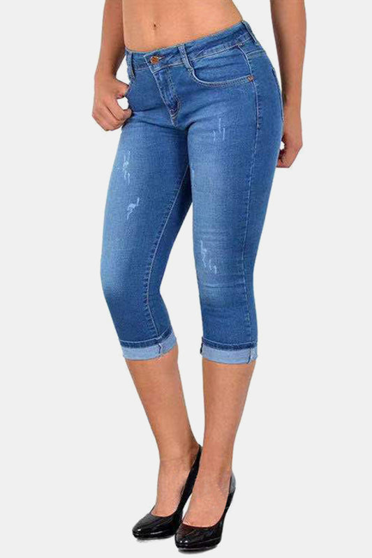 Full Size Buttoned Capris Jeans - Kawaii Stop - Capris, Casual Wear, Chic Fashion, Comfortable Fit, D.M & Y, Distressed Detailing, Easy to Maintain, Everyday Fashion, Fashion Forward, Jeans, Jeans for Women, Ship From Overseas, Shipping Delay 09/30/2023 - 10/01/2023, Solid Pattern, Statement Look, Stylish Apparel, Trendy Bottoms, Versatile, Wardrobe Essential, Women's Clothing