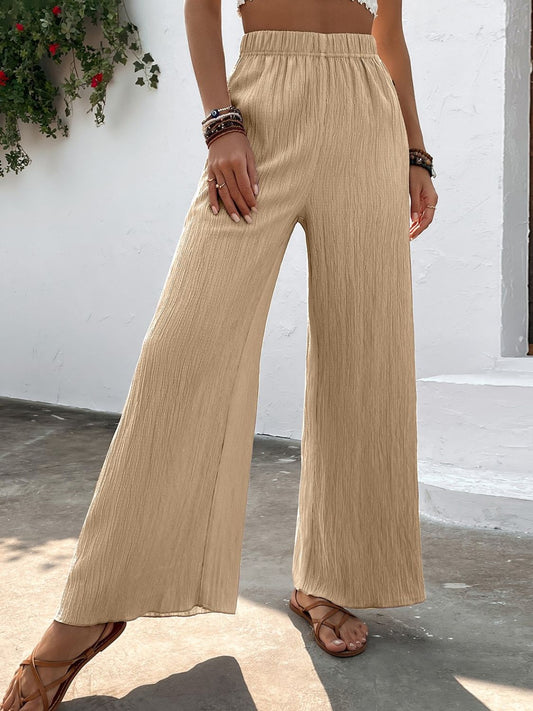 Textured High-Waist Wide Leg Pants - Kawaii Stop - Bigh, Bottoms, Capris, Casual Style, Comfortable, High Waist, Pants, Ship From Overseas, Shipping Delay 09/29/2023 - 10/03/2023, Solid Color, Wide Leg Pants, Women's Clothing