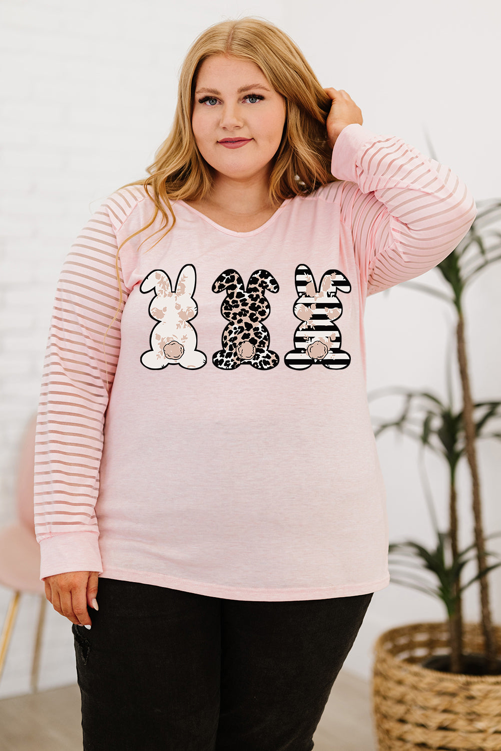 Plus Size Rabbit Graphic Long Raglan Sleeve Easter Tee - Kawaii Stop - Kawaii Shop
