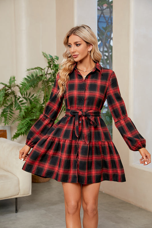 Plaid Print Tie Waist Collared Neck Shirt Dress - Kawaii Stop - A.L.D., Chic Style, Classic Dress, Collared Neck, Dress, Dresses, Easy Care, Fall/Winter Fashion, Fashionable Look, Long Sleeves, Mini Length, Plaid Dress, Polyester Blend, Ship From Overseas, Shipping Delay 09/29/2023 - 10/01/2023, Shirt Dress, Statement Belt, Stylish Outfit, Tie Waist, Versatile Dress