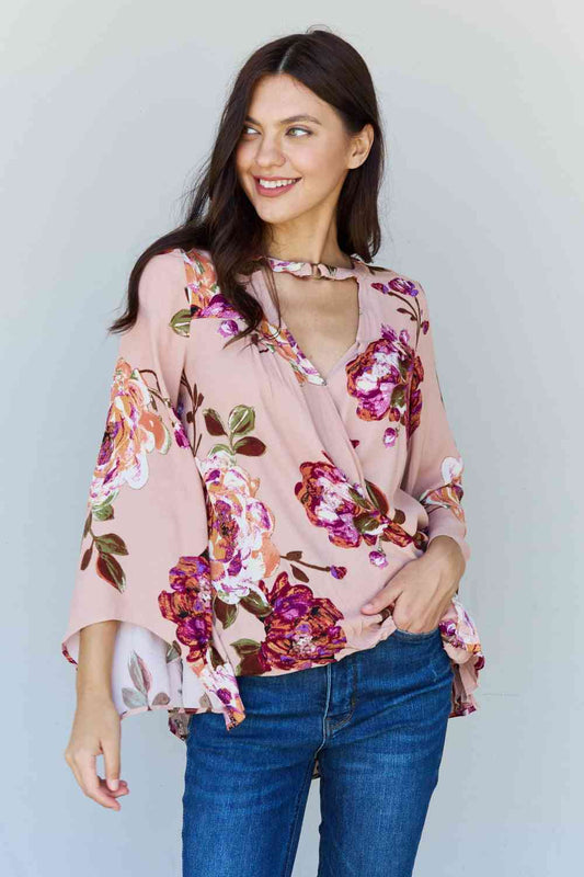Full Size Floral Bell Sleeve Crepe Top - Kawaii Stop - Bell Sleeve Blouse, Chic Fashion, Elegant Design, Floral Crepe Top, Free-Spirited Fashion, Los Angeles Fashion, Nature-Inspired, ODDI, Oddi Clothing, Ship from USA, Sophisticated V-Neck, Stylish Gathered Hem, Versatile Top, Vintage Vibes, Women's Apparel