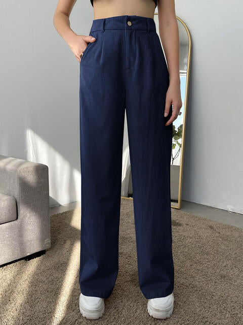 Straight Leg High Waist Pants - Kawaii Stop - Chic Pants, Classic Fashion, Easy Care, High Waist Pants, Opaque, Pants, Polished Ensemble, Polyester, Ship From Overseas, Sleek Look, Timeless Style, Versatile, Women's Clothing, Z&H