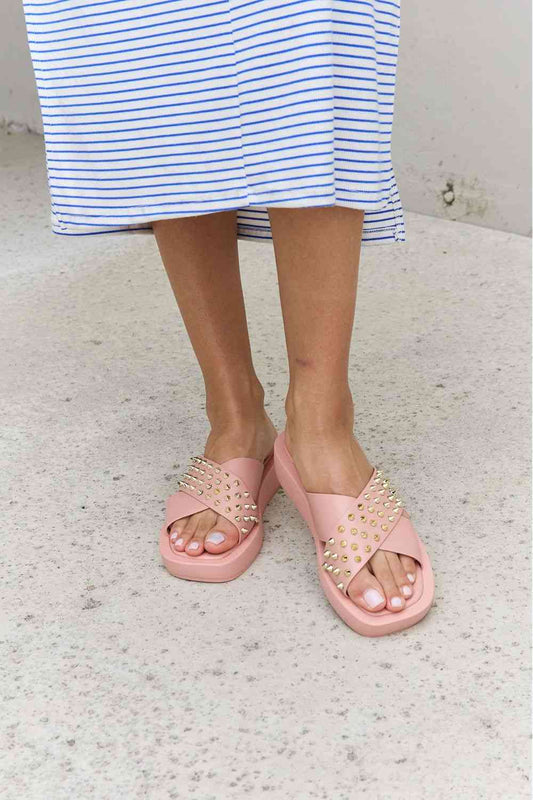 Studded Cross Strap Sandals in Blush - Kawaii Stop - Chic Fashion, Cross Strap Design, Faux Leather, Flat Heels, Flats, Forever Link, Modern Elegance, Ship from USA, Slippers, Stylish Comfort