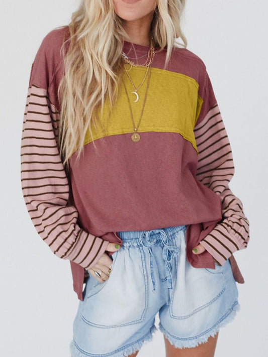 Round Neck Color Block Dropped Shoulder T-Shirt - Kawaii Stop - Casual Style, Color Block Tee, Easy Care, Long Sleeve Shirt, Polyester Blend, Round Neck, Ship From Overseas, Slightly Stretchy, SYNZ, T-Shirt, T-Shirts, Tee, Trendy, Versatile, Women's Clothing, Women's Fashion, Women's Top