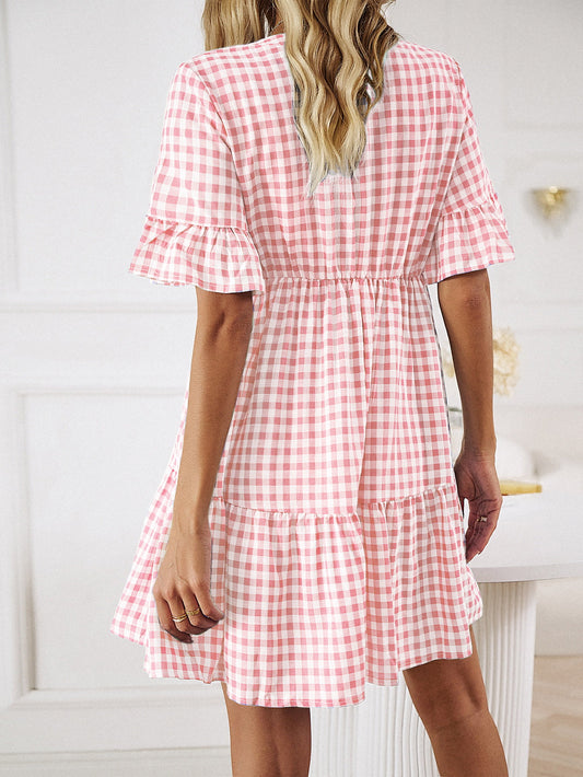Plaid Flounce Sleeve Buttoned Mini Dress - Kawaii Stop - Chic Style, Dress, Dresses, DY, Easy Care, Fashion, Flounce Sleeves, Machine Washable, Mini Dress, Notched Neckline, Plaid Dress, Ship From Overseas, Tassel Buttoned, Trendy Look, Viscose Polyester Blend, Women's Clothing