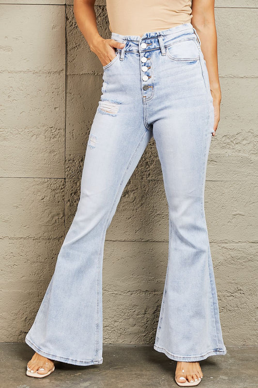 High Waisted Button Fly Flare Jeans - Kawaii Stop - BAYEAS, Block Heels, Button Fly, Chic Style, Comfortable Jeans, Fashionable, Fitted Blouse, Flare Leg Pants, High Waisted Jeans, Premium Denim, Retro Trend, Ship from USA, Stretchy Denim, Stylish Outfit, Versatile Jeans, Vintage Charm, Women's Fashion