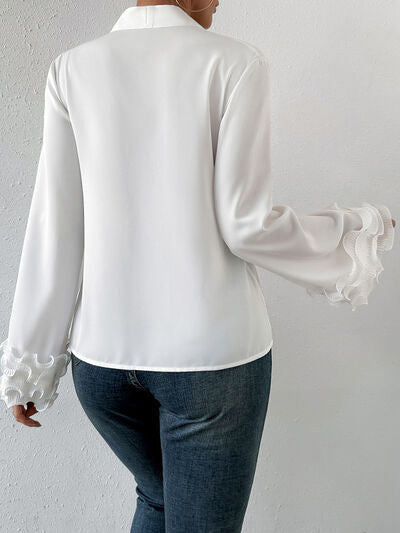 Lettuce Hem V-Neck Long Sleeve Blouse - Kawaii Stop - Casual Elegance, Chic Ensemble, Comfortable Fit, Dinner Date, Early Spring Collection, Easy Care, Feminine Touch, High-Quality Material, HS, Lettuce Hem Detail, Long Sleeve Blouse, Must-Have Top, Office Wear, Opaque Sheen, Ship From Overseas, Shipping delay January 30 - February 19, Statement Necklace, Stylish Wardrobe, Timeless Style, V-Neck, Women's Apparel