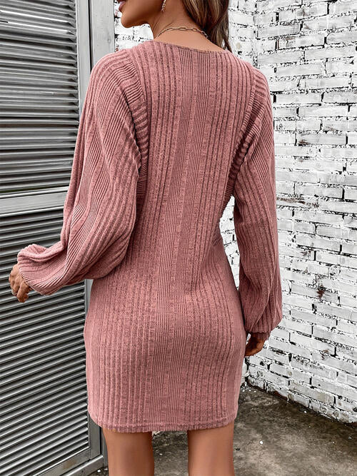 Ribbed Round Neck Long Sleeve Dress - Kawaii Stop - Bigh, Classic Style, Dress for Various Occasions, Elegant Look, Long Sleeve Dress, Ribbed Dress, Ship From Overseas, Timeless Fashion, Versatile Dress, Women's Clothing